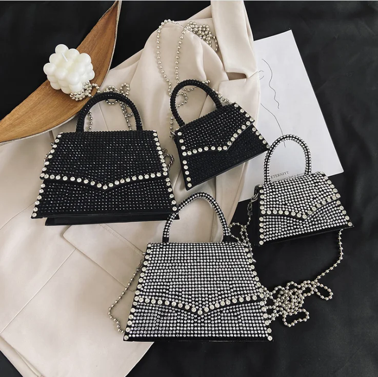 

Ready to ship sequin rhinestone elegant ladies chain cross-body bag crystal diamond handbags for women luxury bling small purse, White/black
