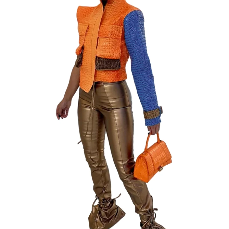 

2021 New Autumn Patchwork Retro Cool PU Leather Jacket High Collar Zipper One Shoulder Pocket Women