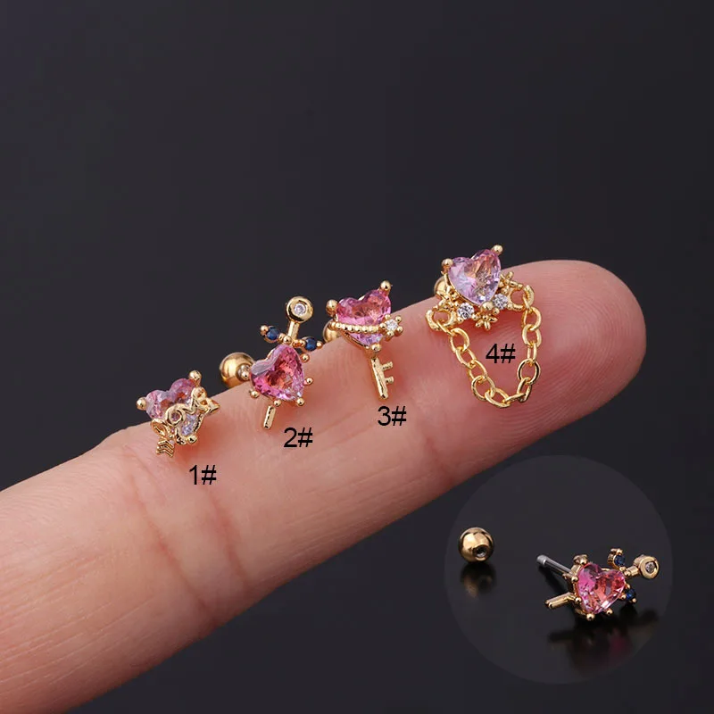 

20g Heart Pink Color Tourmaline Graded CZ Stud Earrings Cartilage Helix Tragus Conch Auricle Piercing Jewelry