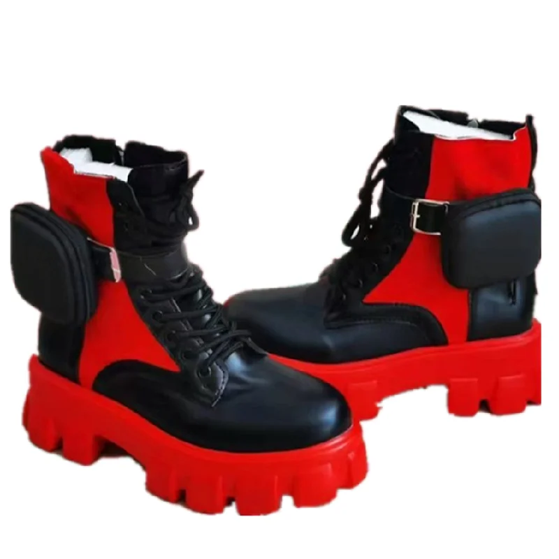 

2020 new design fashion boots with pocket lace up mid calf women boots popular female shoes, Black/white/red/yellow