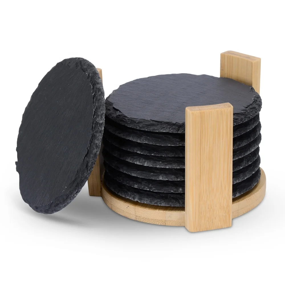 

KLP RTS wholesale With wooden stand cup black stone coaster sets 8 coaster