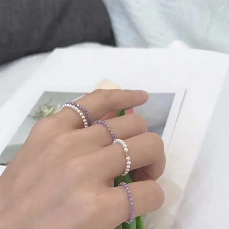 

JUHU 2021 Colorful beads Ring handmade elastic crystal Chain INS beaded pearl fun hand woven Ring For Women Girls Gift