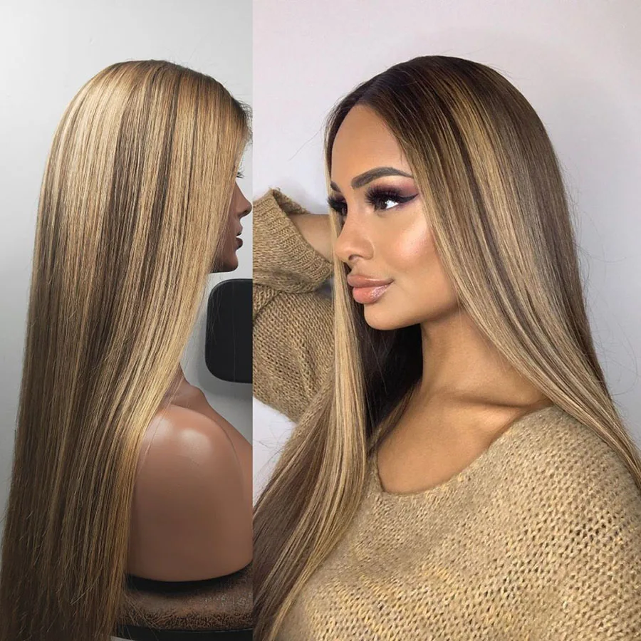 

Silky Straight Honey Blonde Highlight hair wigs lace front preplucked hairline human hair wigs for women, highlight lace wigs