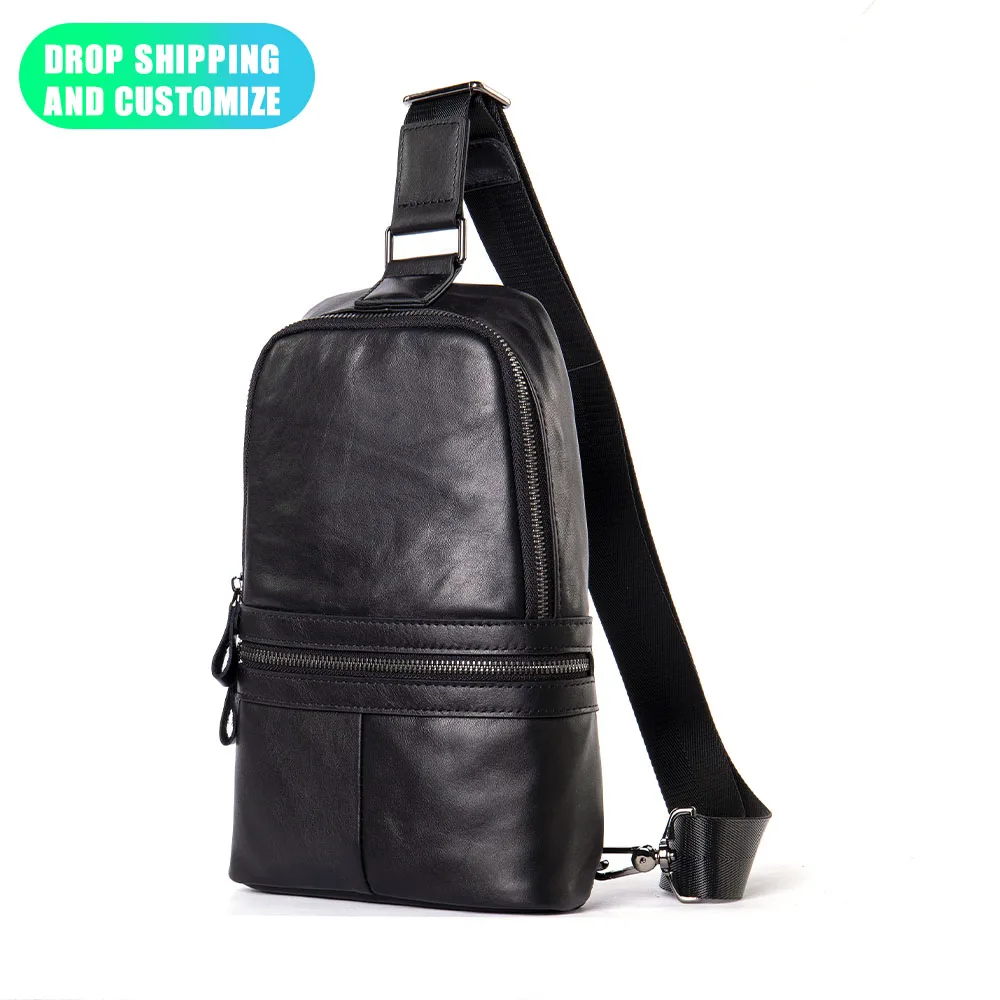 

New men's leather cross body chest bag retro casual first layer outdoor cross body bag, Black