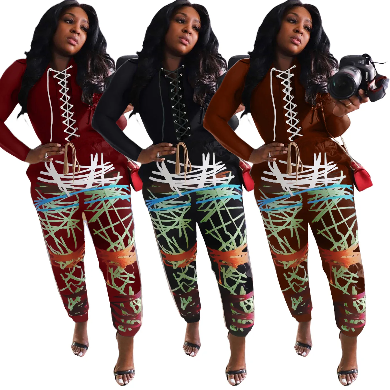 

Women new fashion plus size color contrast line print pants and eyelet straps 2 piece set