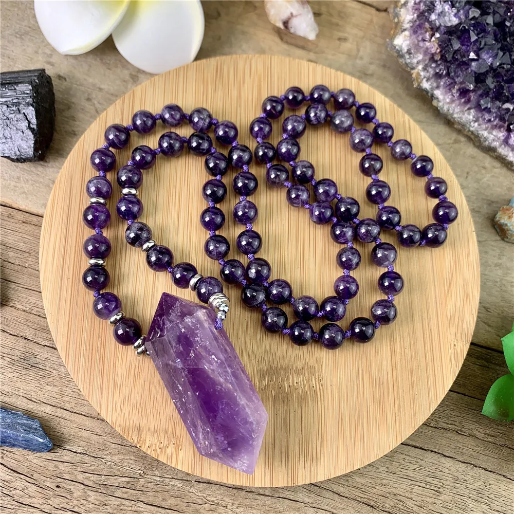 

LS-A566 32" 40" 108 Mala Beads Long Necklace,Round Amethyst Double Stick Crystal Points Necklace Knotted Necklace,Yoga Jewelry, Purple
