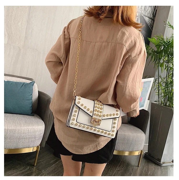 

Bags Women Handbags 2021 Fashion Small Messenger Shoulder Bag Ladies Women Hand Bags Cover PU Single Square 10 Pcs Rivet 0.5 KG, Green,pink,black,white