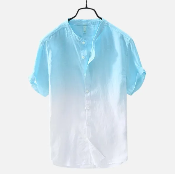 

Man Summer Shirt Stand Collar Digital Gradual Printing Short Sleeve European Size 100% Linen Mens Shirts