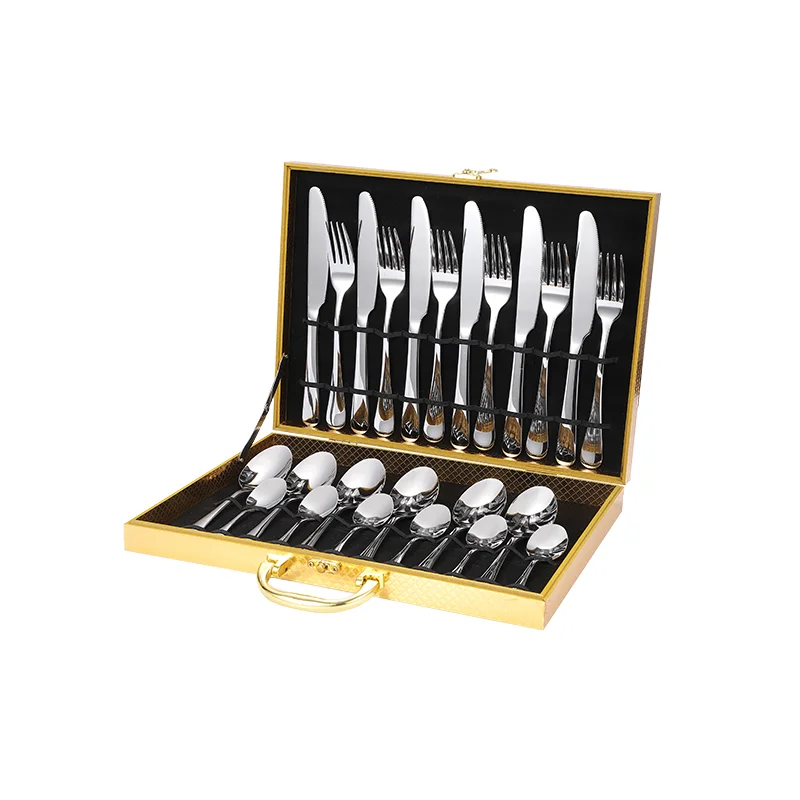 

stainless steel 24pcs Cutlery Set gold plated stainless steel cutlery silverware fork spoon set flatware set with wooden box, As shown or customized color