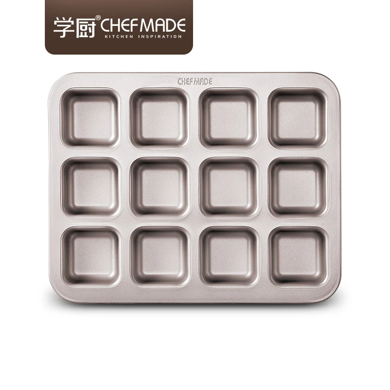 

CHEFMADE Hot Selling Professional 12 Cup Non-Stcik Square Cake Baking Molds, Champagne gold