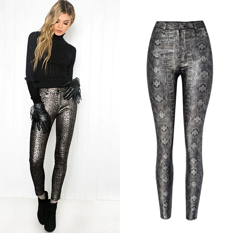 

New women in fall 2019 Pu leather pants and high-waisted skinny leggings with snakeskin stripes