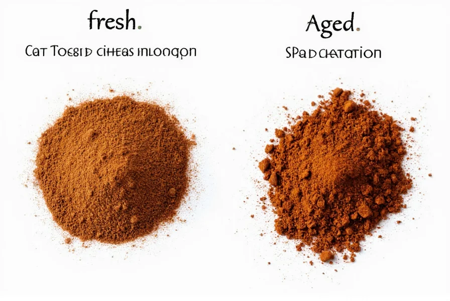 Side-by-side comparison showing fresh Olde Thompson Saigon cinnamon versus aged cinnamon with visible color difference and texture analysis