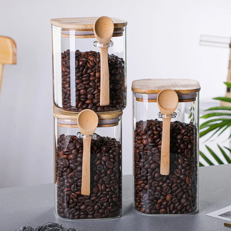 

China factory 1000ml bamboo lid glass square coffee bean storage jar for food or candy with a spoon glass jar, Handmade