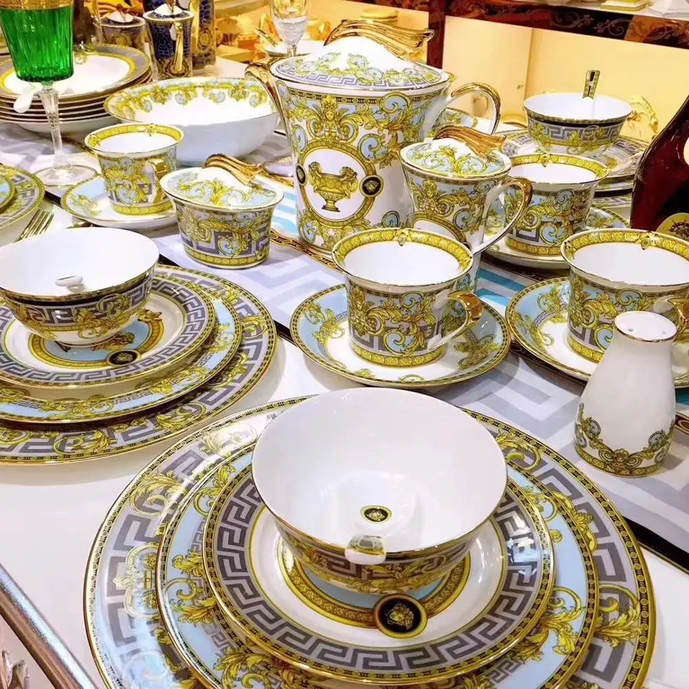 

Luxury Tableware Fine Bone China Dinner Set Wholesale Dinner Sets, Gold and white