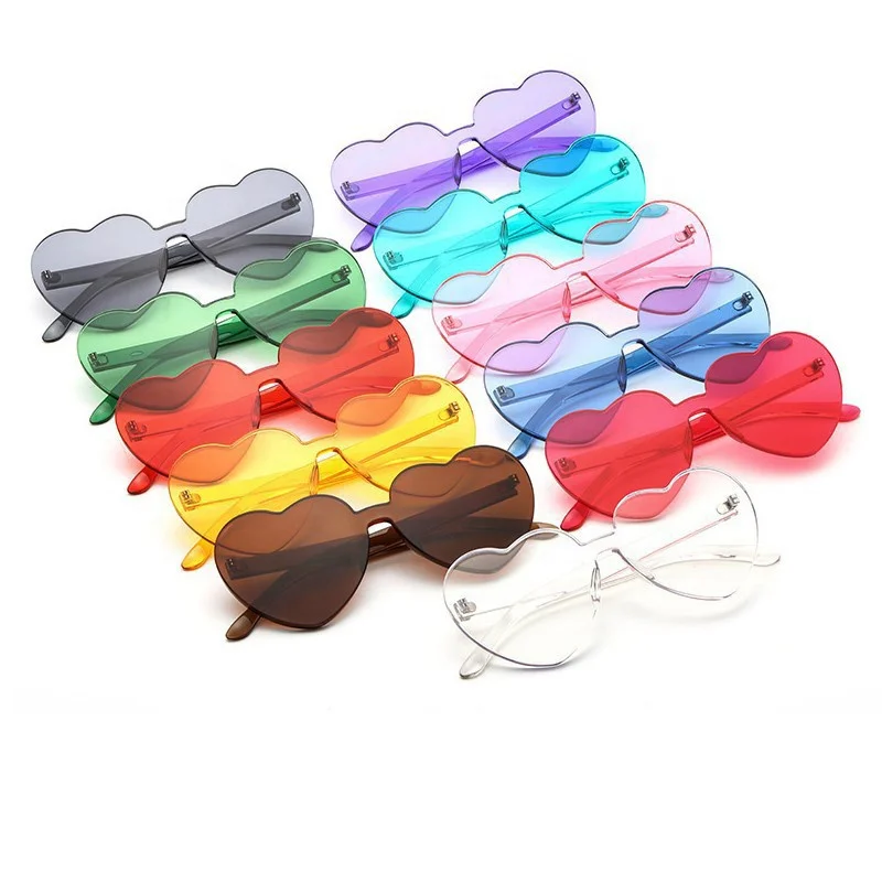 

Wholesale Custom Frameless Lens Eyewear Candy Color PC Rimless Sun Glasses New Trendy Loving Heart Shape Sunglasses, As picture