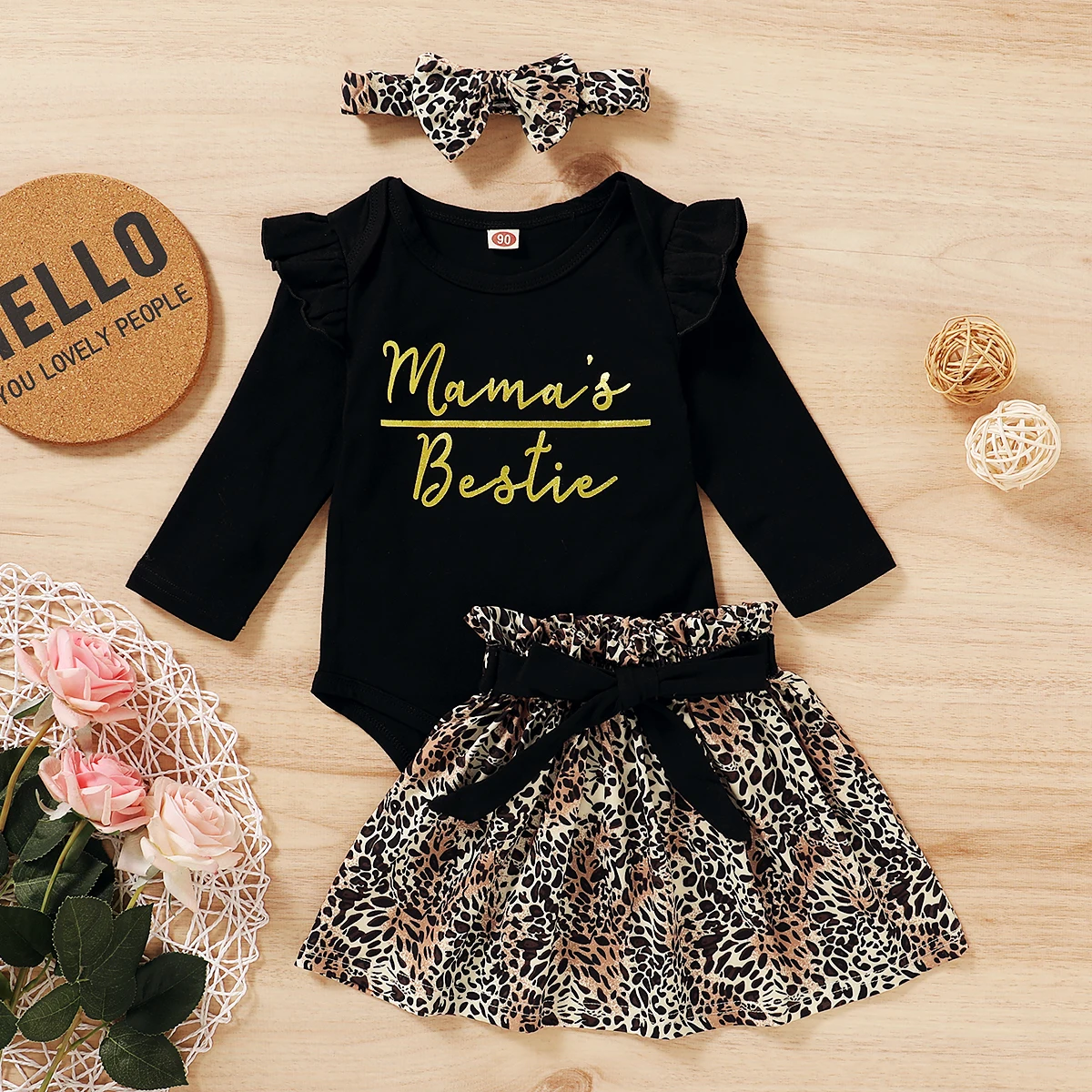 

wholesale Toddler Girl Clothes set Infant Baby Girl Clothes black Bodysuit+Leopard Tutu Dress+ Headband 3pcs Outfit Size 0-18M, As image shown