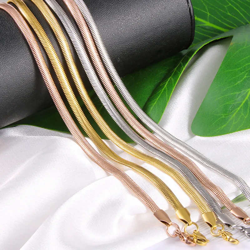 

Stainless Steel Flat Choker Necklace Gold Men Gift Jewelry Various Length Waterproof Filmy DIY Snake Chain Necklace