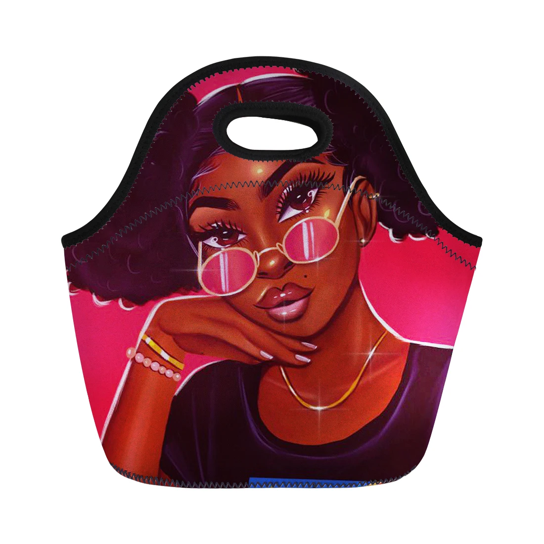 

Adults Women Girls Portable Insulated Lunch Bag Box Picnic Waterproof Tote Wholesale Afro Art Girls 3D Printing, Accept custom made