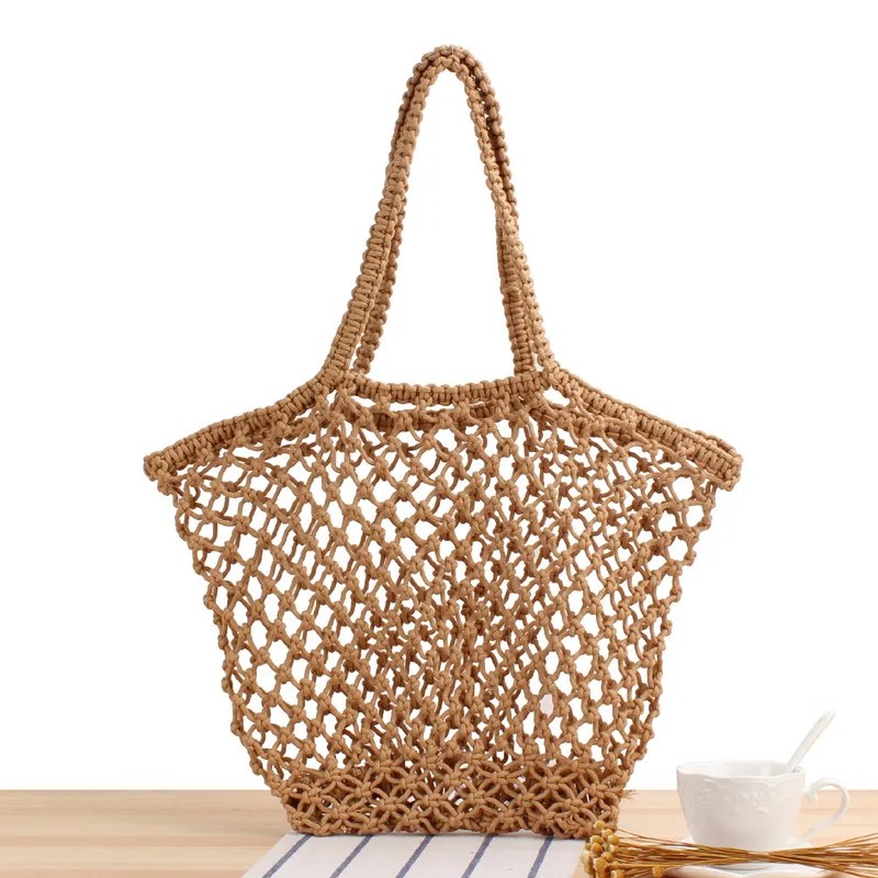 

2022 Japan Korea Hot Sale New Trendy Hand Made Cotton String Rope Net Tote Bag Summer Shopping Shoulder Mesh Bag Beach Handbags