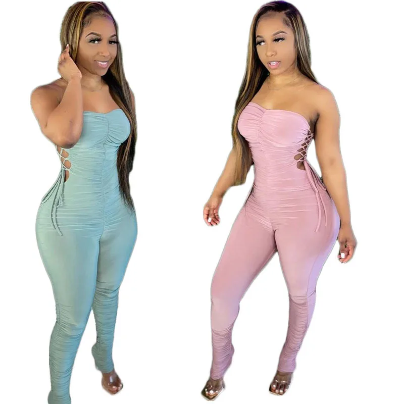 

Trendy Workout Femal Clothing Bodycon Casual Chest Wrap Lace Up Strapless Pants One Piece Solid Fashion Blue Jumpsuit Womens