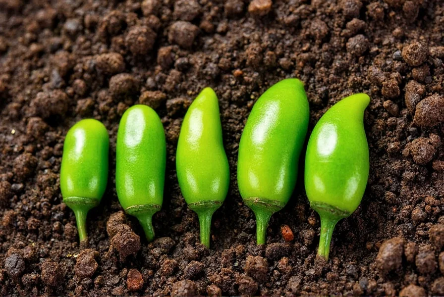 Close-up of serrano pepper seeds on soil with germination timeline