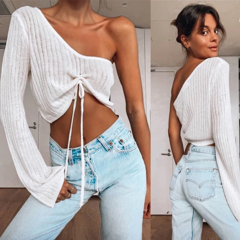 

Wholesale ins hot design drawstring off shoulder women's knitting sweater slim one shoulder sexy knit tops summer 2020, White