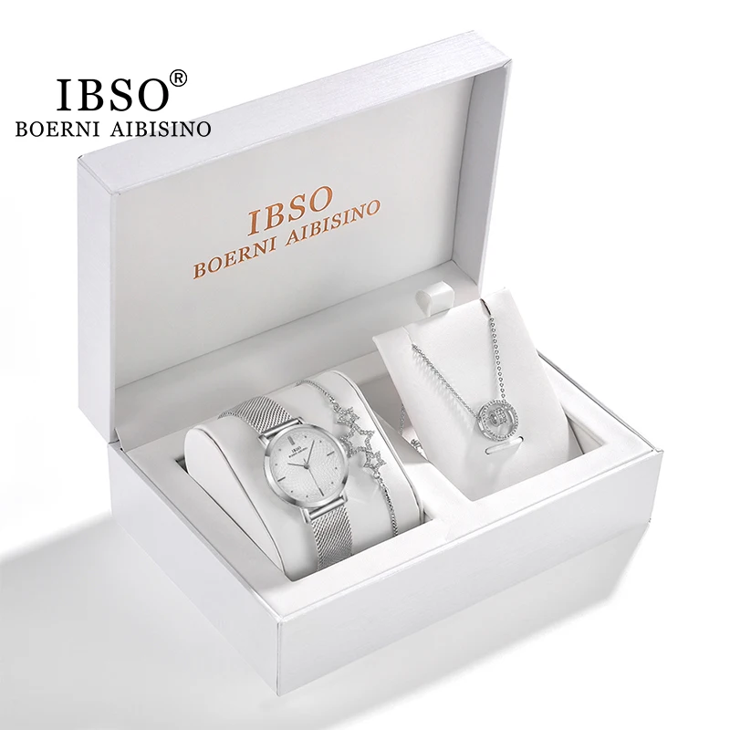

IBSO Set Women Crystal Design Bracelet Necklace Watch Sets Female Jewelry Set Fashion Watch Lady's Gift, Rose/silver