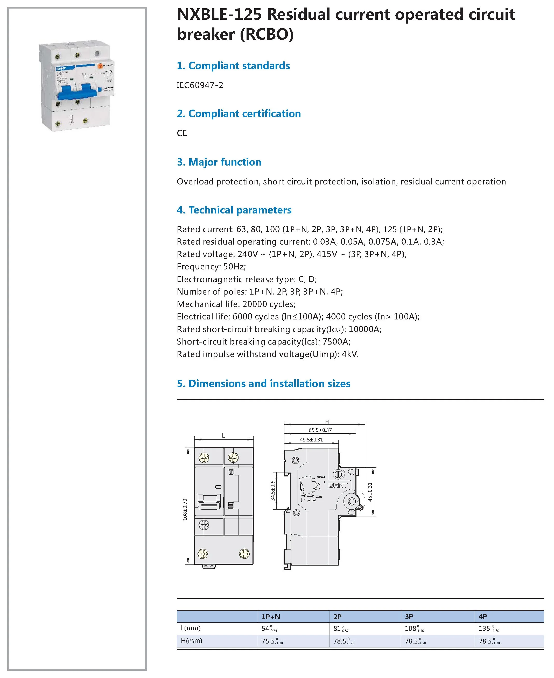 Chint original NXBLE-125 RCBO 1P+N 2P 3P 3P+N 4P C80 C100 C125 CHNT Residual Current 0perated Circuit Breaker