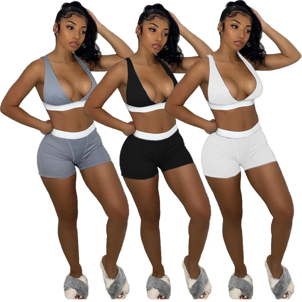 

Hot Sale Beach Wear Sexy Solid Halter Top and short pants two piece Set Sports Wear Fitness Yoga Suit Sets