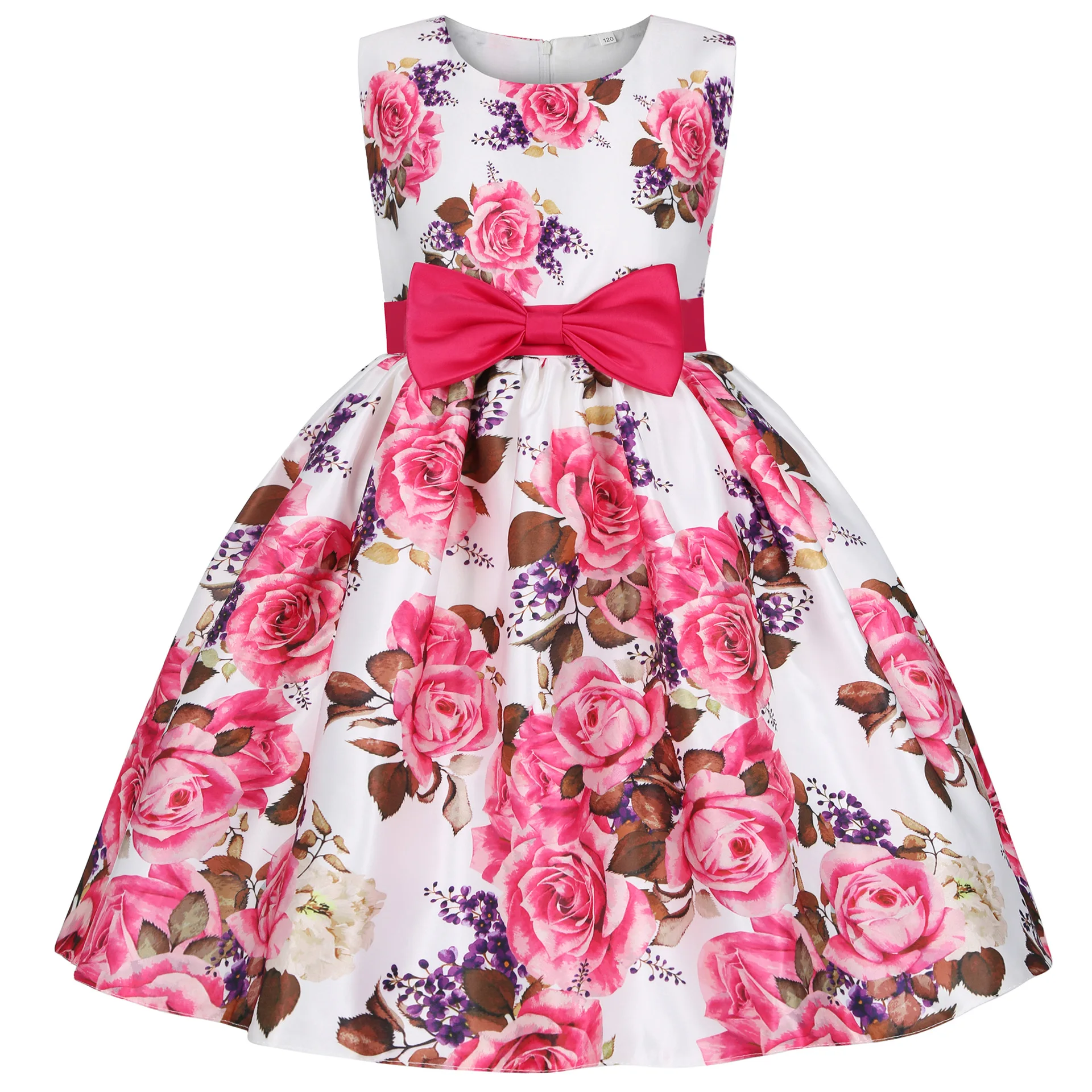 

Children clothes girls princess dresses kids party wear flower printed sleeveless dress with bow