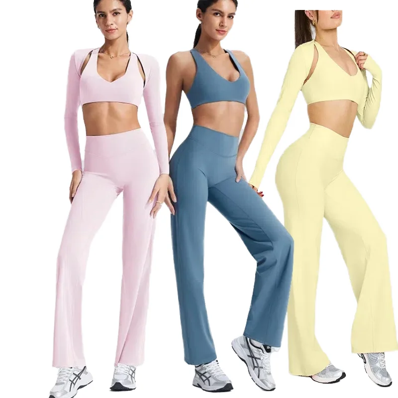 Three Piece Set High-Waisted阔腿Spandex Nylon Blend Yoga Set