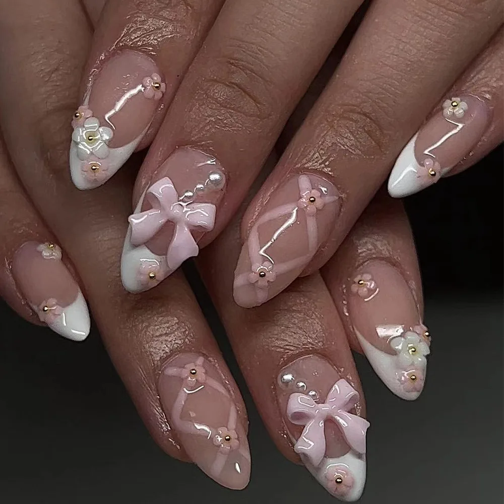 24 Pcs French Style Romantic Art Acrylic Press on Nails Artificial Fingernails Candy False Nails Dating Party 3378