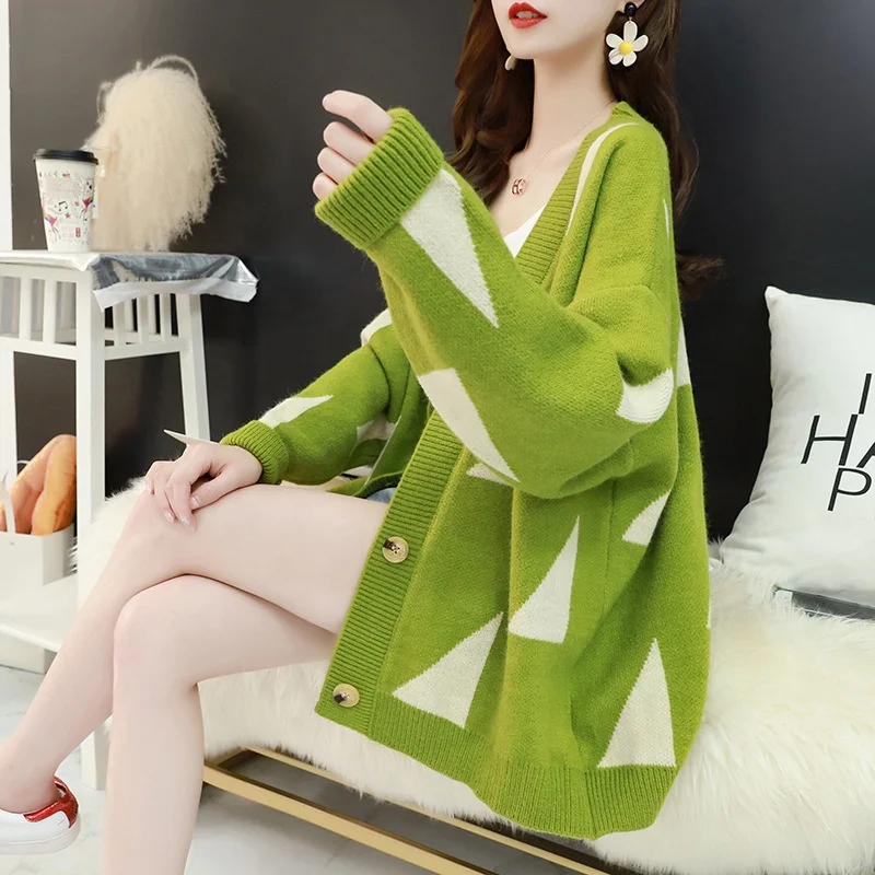 

B61381A New Spring and Autumn clothes hot sale cardigan knitted loose ladies coat Women sweater, Pink/white/sky blue/green