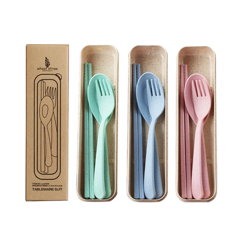 

Eco-Friendly Portable spoon fork chopsticks Biodegradable Wheat Straw Tableware Camping Travel plastic cutlery set with case, Beige,green,blue,pink