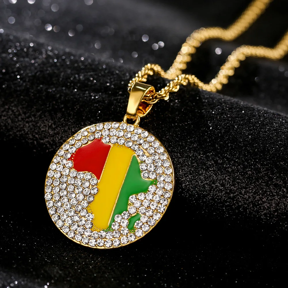 Stainless Steel 18K Gold Rhinestone Hip Hop Africa Guinea Map Pendant Necklace for Men and Women Crystal Guinea Flag Necklace