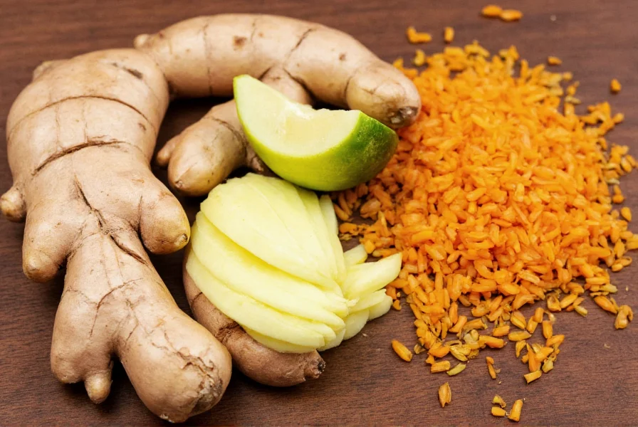 Fresh ginger root sliced and grated next to various Asian ingredients for healthy ginger stir-fry meals