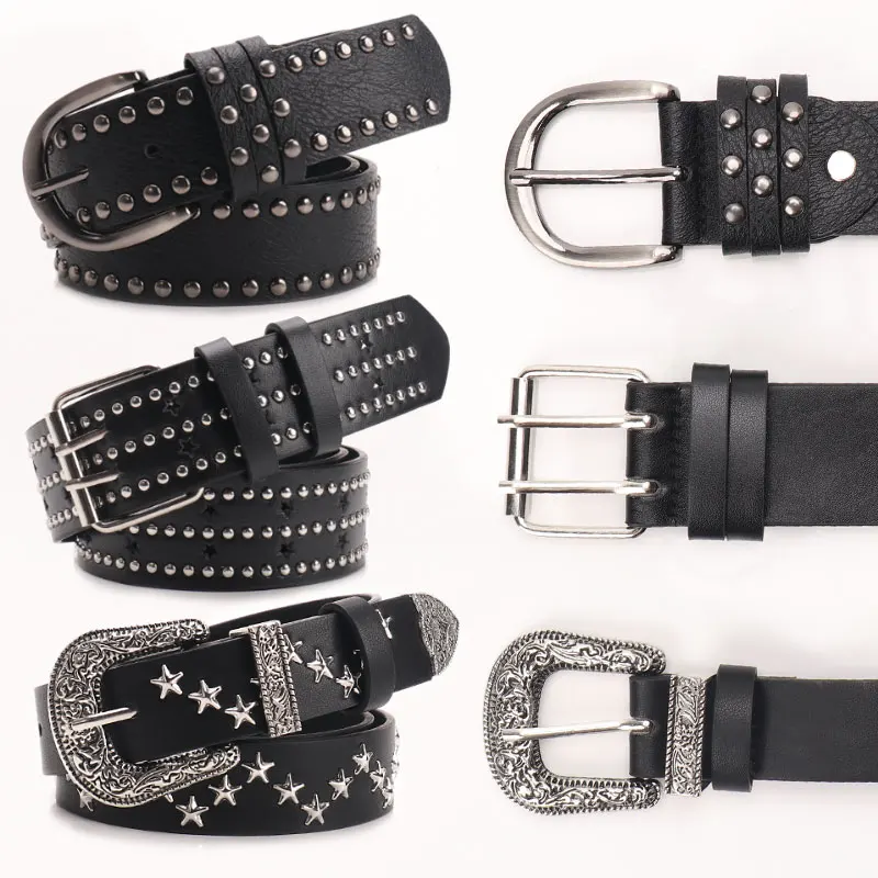 JULUN Women Belt Studded Belt Vintage Belts Women Black PU With Star & Western Buckles Punk Rock Fashion Accessory