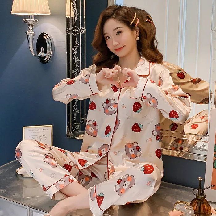 

Fall Cute Sleep Wear Pyjama Femmes Pijama Mujer Women Piyama Wanita Murah Daster Wanita Long Sleeve Pajama Silk Satin Sleepwear