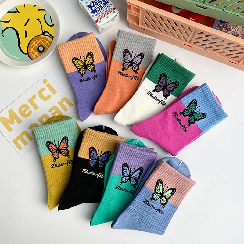 

Soft Cotton Autumn Woman Socks Harajuku Butterfly Printed Elastic Socks Breathable Medium Tube Girls Socks Sokken, As picture