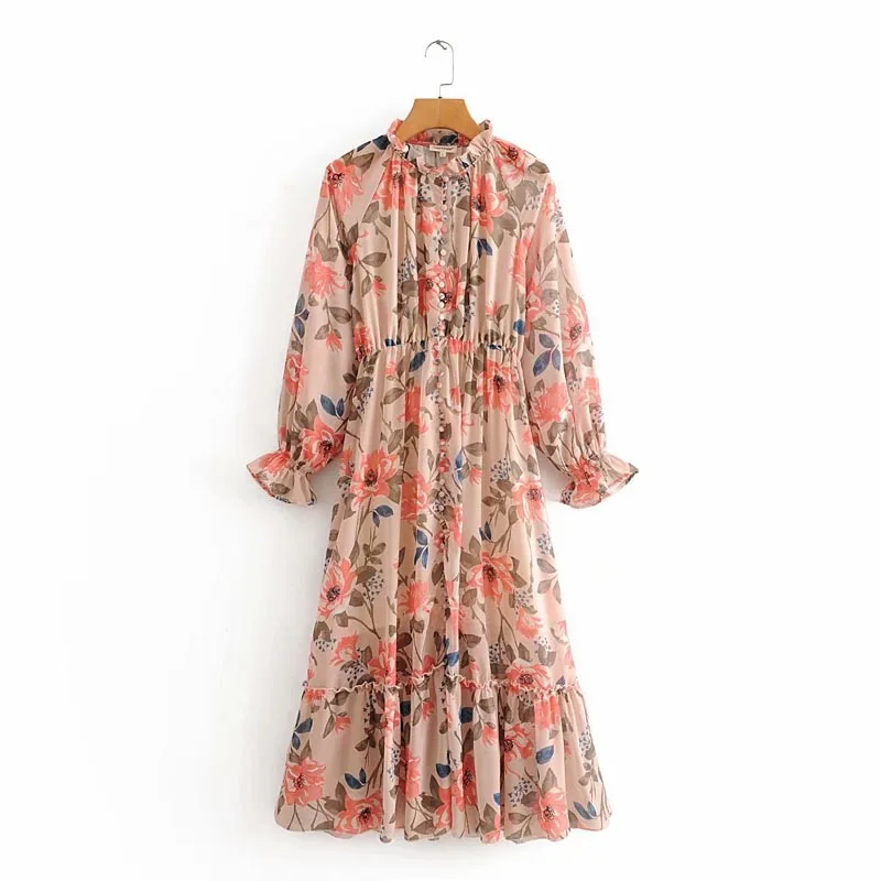 

Q863 Woman Beatiful Floral Print Flare Sleeve Ruffles Slim Waist Chiffon Dress Beach Casual Dresses Clothing