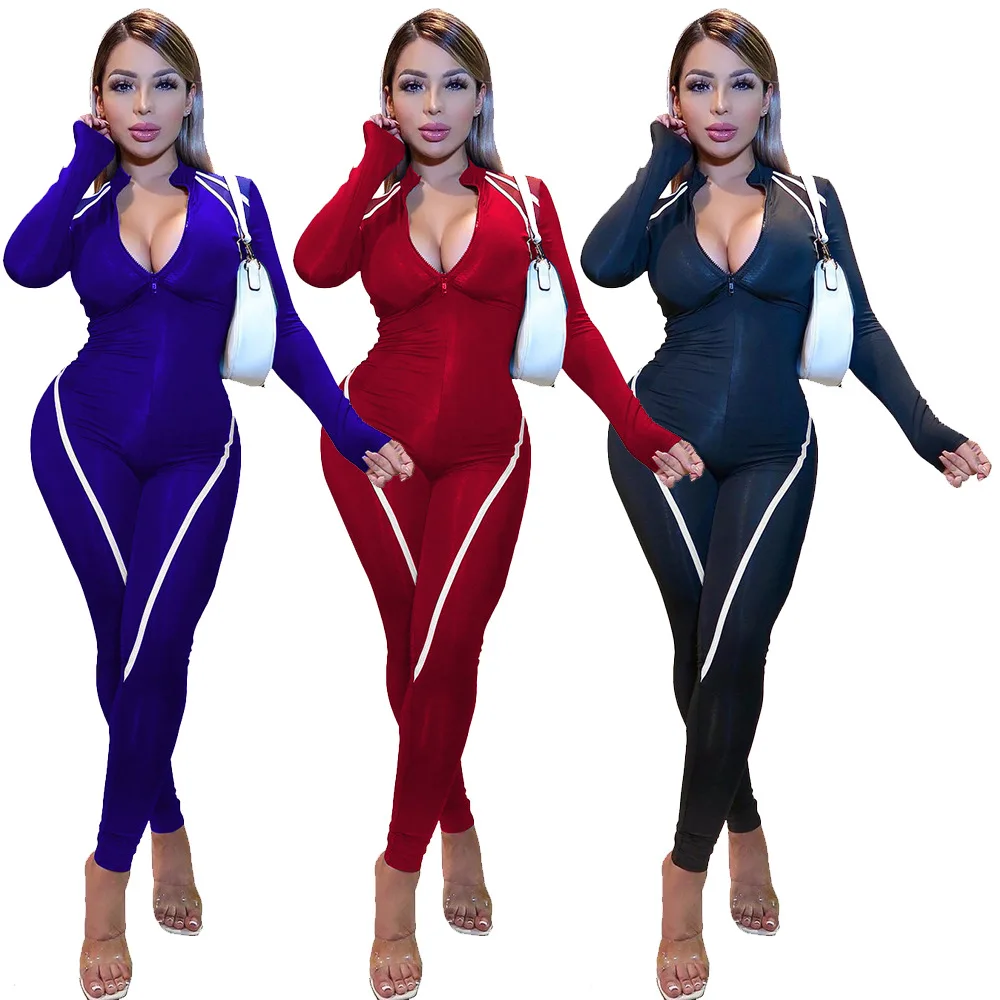 

Competitive prices fashion casual sport striped stitching jumpsuit tight motorspor jumpsuit women