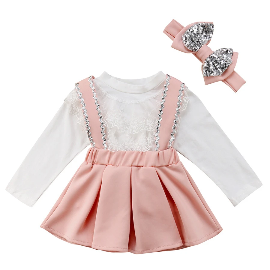 

2020 Ins hot style children long sleeve lace top large bow strap elastic suspender skirt toddler clothing girl for hot selling, As pic shows, we can according to your request also