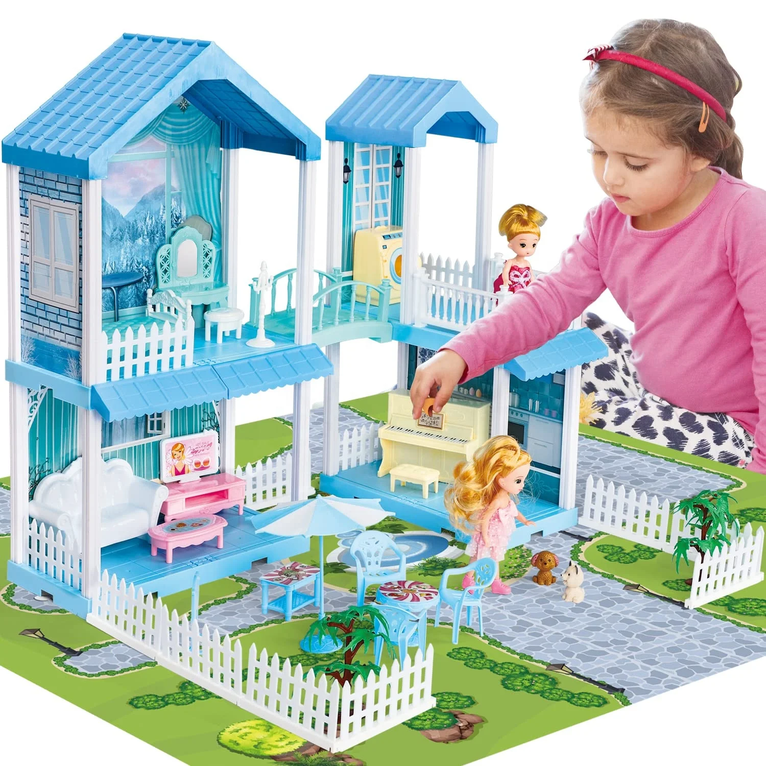 

(Only for US customers) TOY Life Princess Girl Dream Light Accessories Furniture DIY Assembly Large Blue Doll House with Map