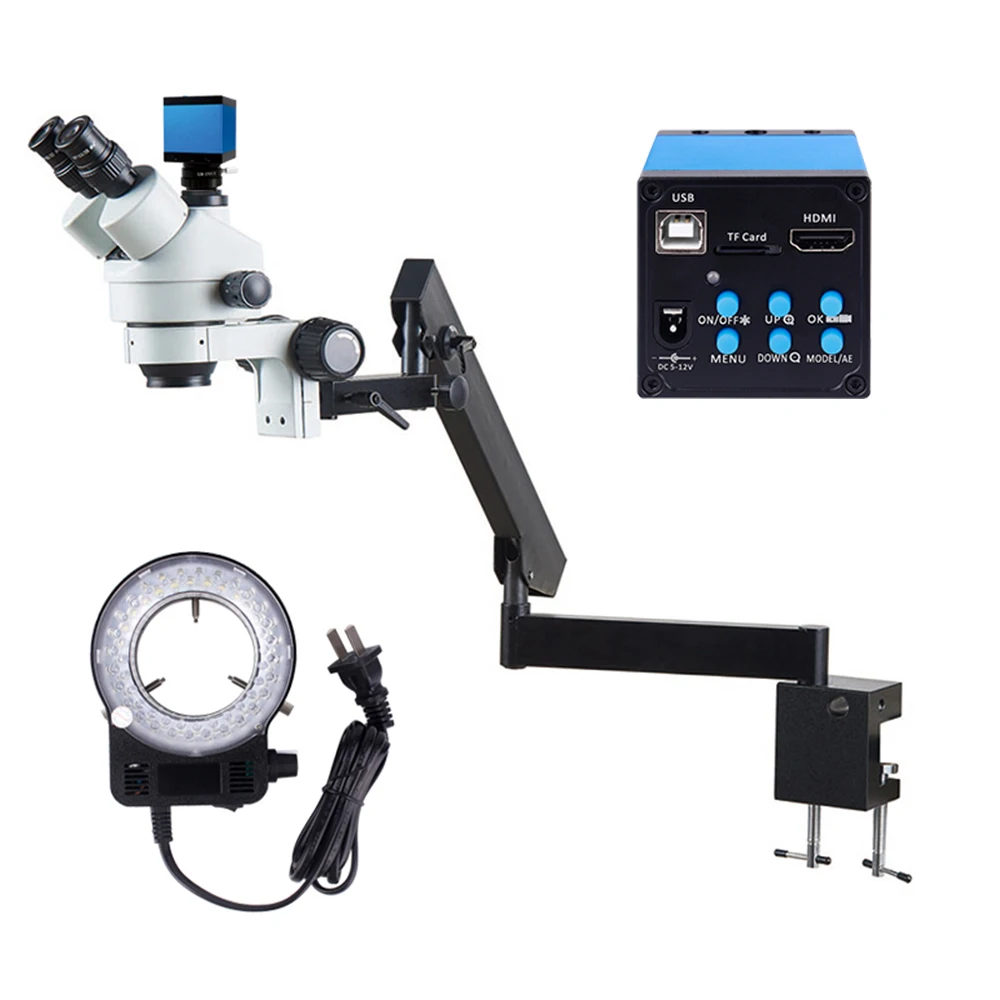 

7X-45X Zoom Trinocular Stereo Microscope with 18MP Digital Camera and LED Ring Light Articulating Arms Fixation Clamp Microscope