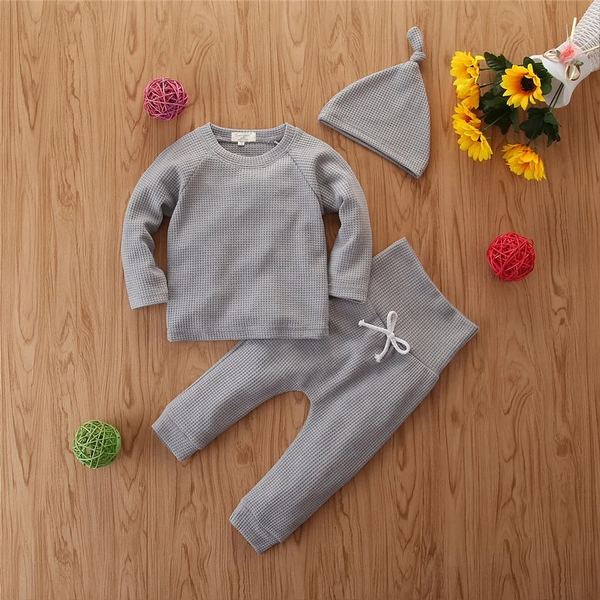 

2020 Newborn Baby Boy Girl Solid Casual Clothes Set Homewear Long Sleeve Cotton Tops T-Shirt Trousers Pants Hat Outfits, As picture