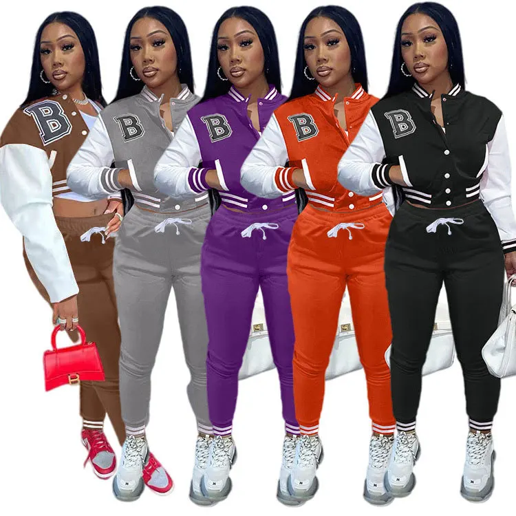 

Wholesale blank varsity jackets two piece set custom crop varsity jackets women 2 pcs tracksuit set, 5 colors