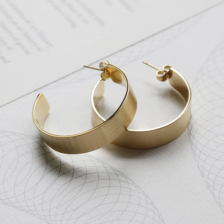 

French Elegant Women's Jewelry 14K Gold Plated Stainless Steel Large Big Brushed Chunky Oversized Wide Hoop Earrings