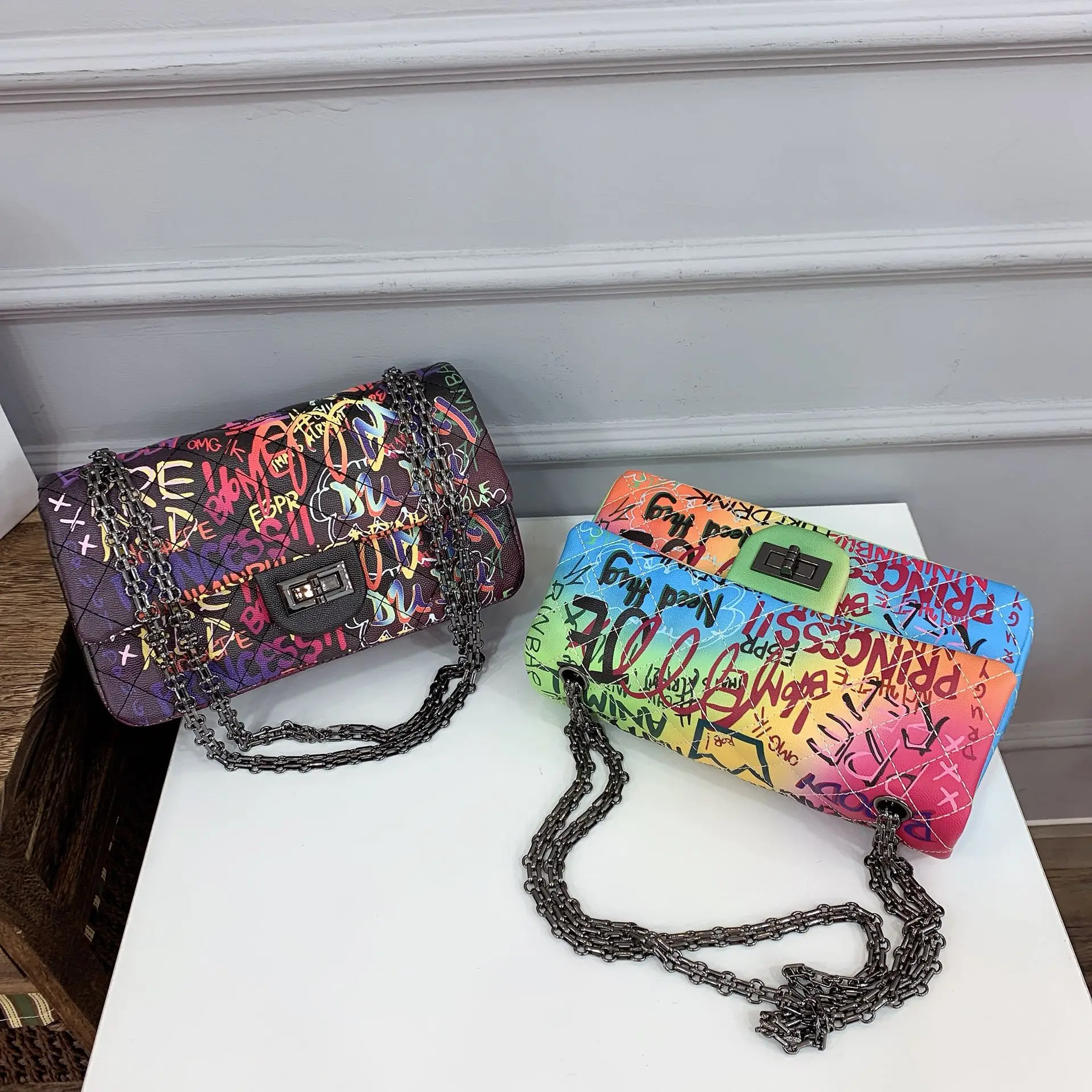 

New Design PU Beauty Graffiti Purse Shoulder Bags Women Handbags, Three colors