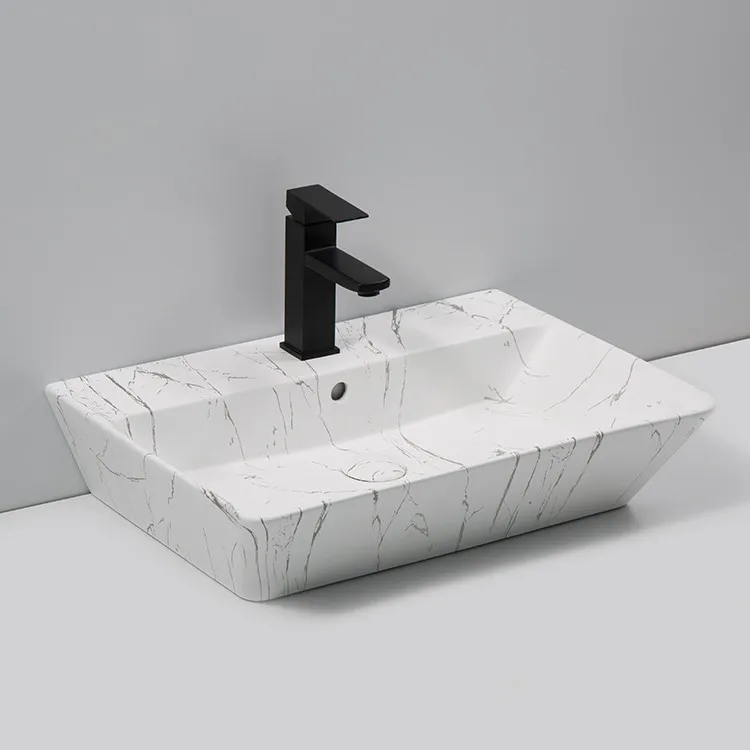white-marble-bathroom-sink-9765B-P-307-top-view-integrated-tap-deck-central-drain-interior-overflow