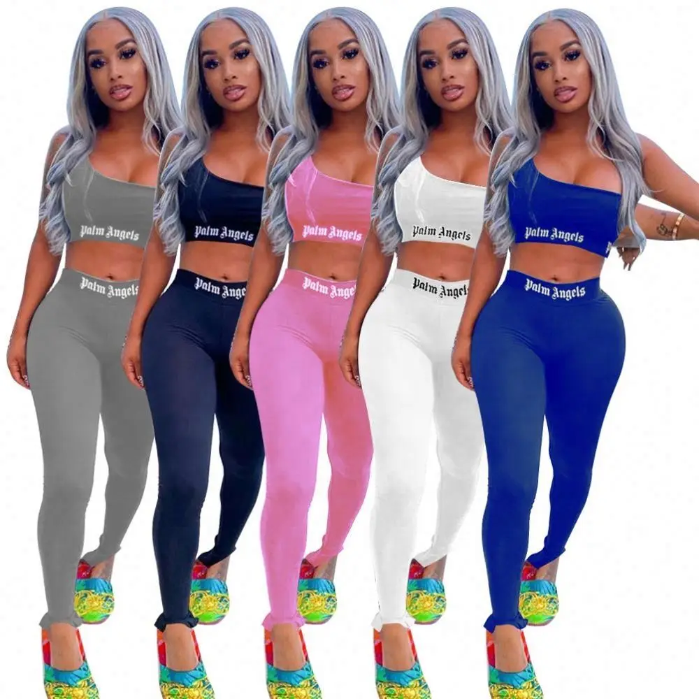 

ZYY394 women solid color fashion letters print bodycon sports suit two pieces set
